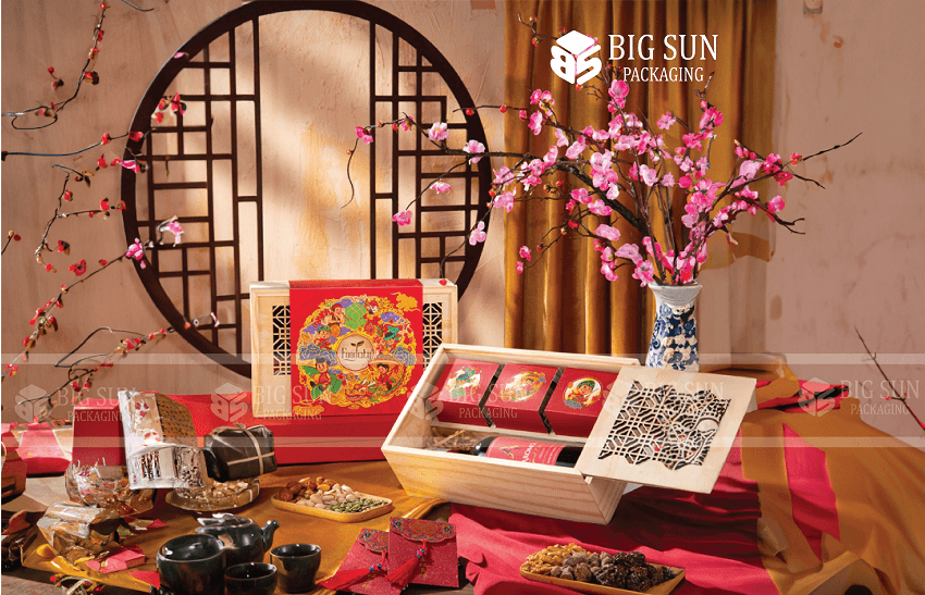 Hộp đựng Rượu bằng gỗ kèm mứt Tết