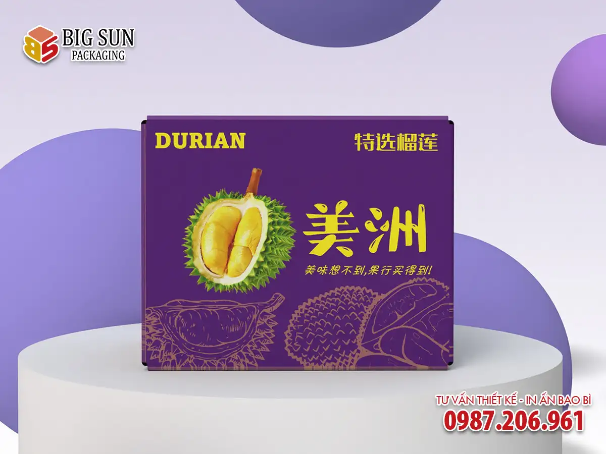 In thùng carton đựng sầu riêng màu tím