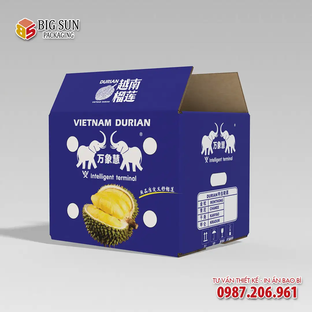 In thùng carton đựng sầu riêng xuất khẩu Vạn Tượng Xanh